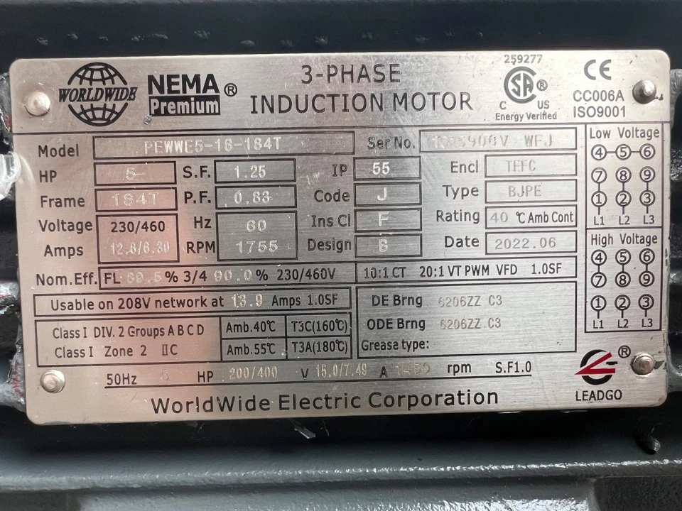 5 HP 3 Phase Electric Motor 1800RPM 184T Frame TEFC 230/460 Volt Severe Duty New - Image 2 of 4