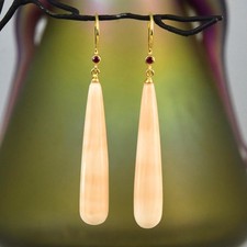 Drop Hook Earrings Carved Apricot Shell Red Spinel Gold Vermeil 925 Silver 8.31g
