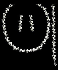 78b 3pc Bridal Faux White Pearl  Crystal Floral Vine Necklace  Bracelet Set