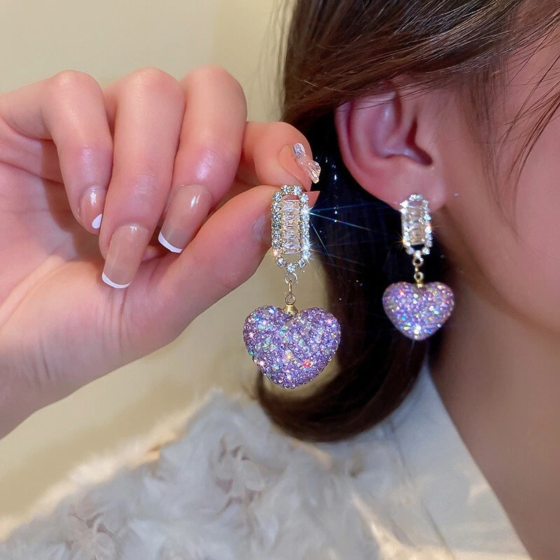 Sweet Purple Love Heart Crystal Dangle Earrings 4.5cm Shine