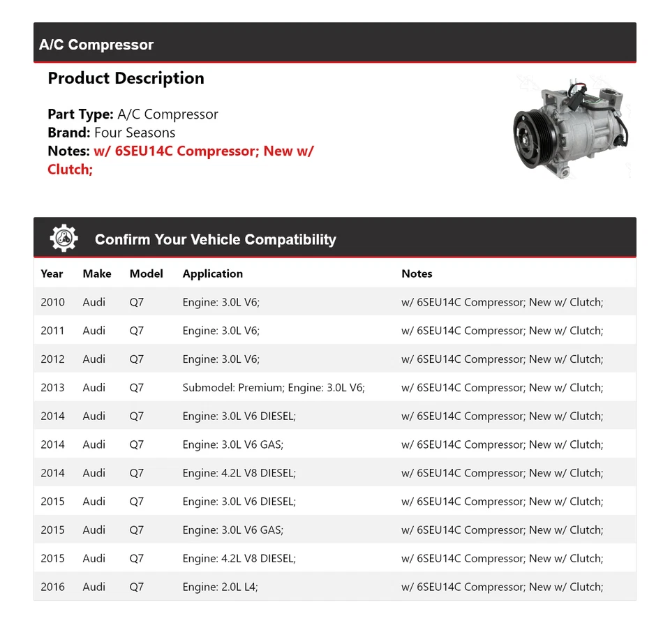 Compresor de aire acondicionado para Audi Q7 2010-2016 4 estaciones 2011 2012 2013 2014 2015 Foto 2 de 4