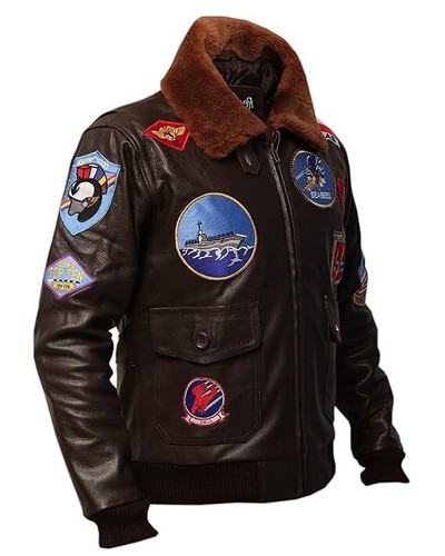 Men's Top Gun Brown Leather Jacket Bomber Flight Pilot Style with Navy Patches - 第 5/7 張圖片