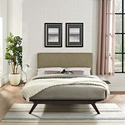 Mid-Century 3PC Cappuccino Latte Queen Platform Bed and Side Table Bedroom Set
