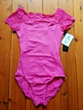NEW So Danca leotard S Lace cap sleeve boat neck pink