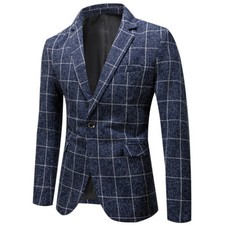 Men Formal Work Blazer Jacket Business Casual Checked Slim Fit Suit Coat Tops