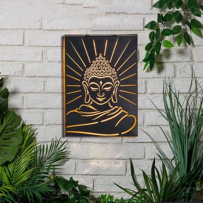 Solar Light Metal Buddha Print Wall Panel LED Light Art Garden Fence