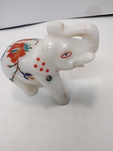 Very Unique Handmade Marble Elephant Statue 4" Marcasite Lapis Coral ? Beautiful - Picture 6 of 10