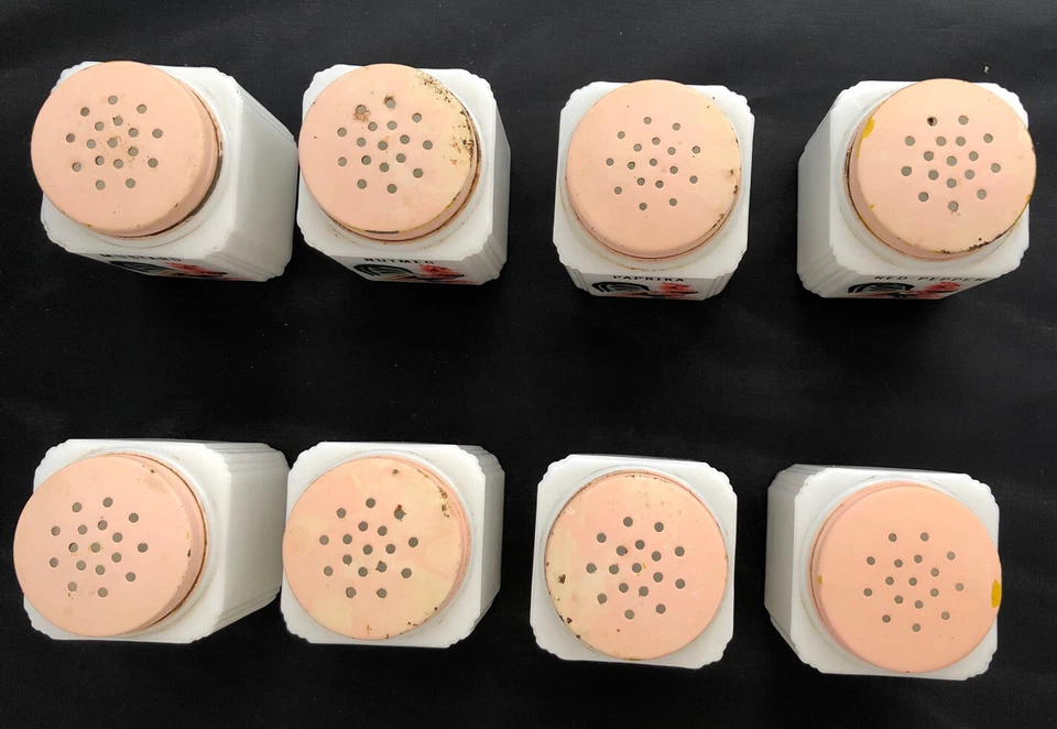 Lote/Juego de 8 cocteleras McKee Tipp City blanco vidrio leche gallo tarro especias vintage Foto 2 de 4