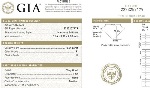 GIA loose certified .44ct I1 F Marquise natural fancy cut diamond estate - Picture 7 of 7