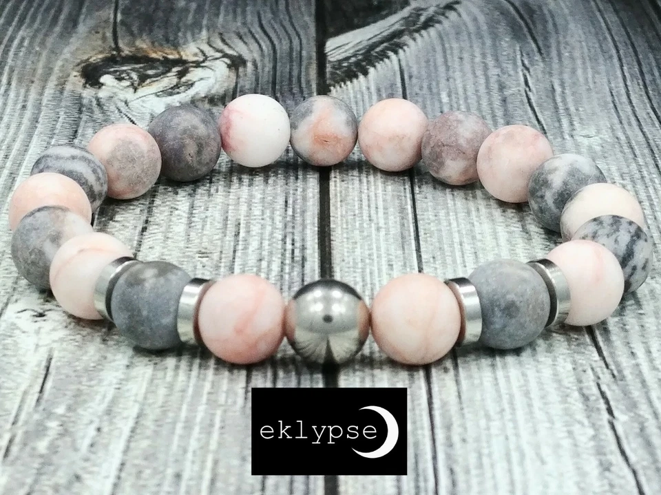 Pulsera unisex con cuentas de piedras preciosas de jaspe rosa/gris mate de 10 mm de acero inoxidable de 8" L Foto 2 de 4