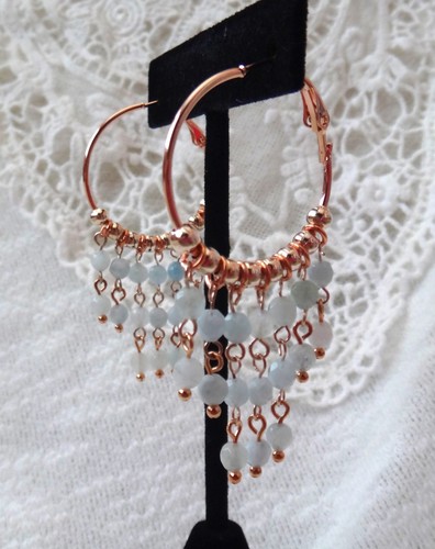 Light Blue Natural Gem Beads Rose Gold Tone Hoop Earrings - Picture 2 of 6