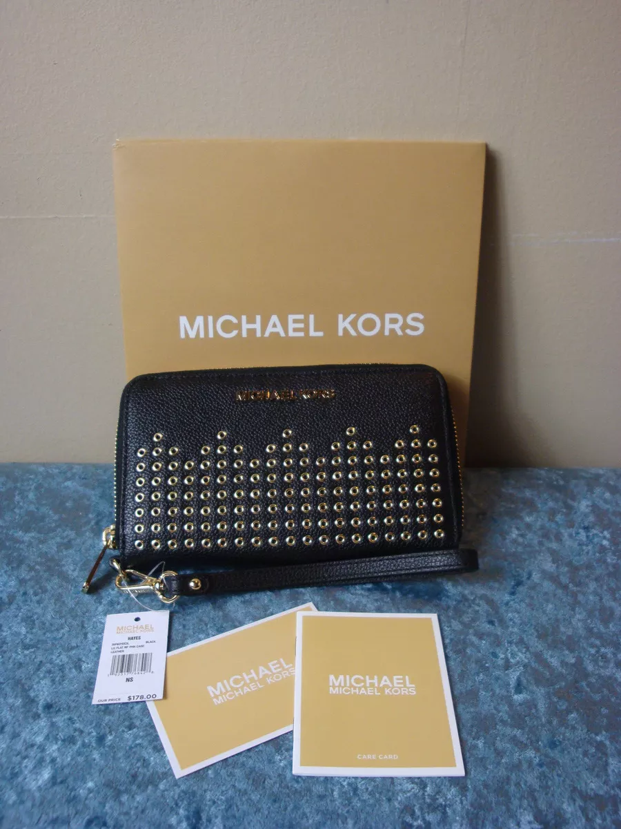 MICHAEL KORS HAYES BLACK PEBBLE LEATHER LG FLAT MF PHONE CASE NWT