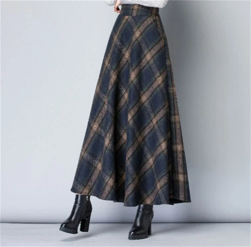 Women's Vintage High Waist Wool Blend Plaid A-Line Maxi Pleated Skirt - Picture 9 of 31