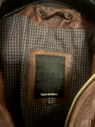 MENS MEDIUM PEDRO DEL HIERRO HEAVY BROWN LEATHER OR FAUX LEATHER JACKET - 第 2/7 張圖片