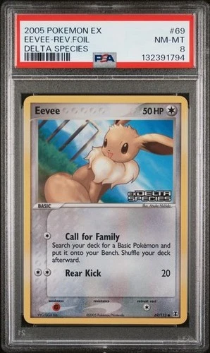 2005 POKEMON EX DELTA SPECIES #69 EEVEE-REV.FOIL DELTA SPECIES PSA 8