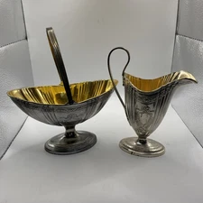 Antique Corbell & Co Silverplate Sugar Basket & Creamer Gold Gilt Handle Set