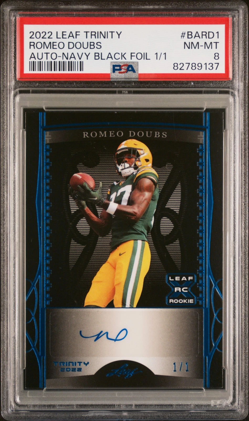 Romeo Doubs Leaf Trinity Autographs #BARD1 Navy Black Foil 1/1