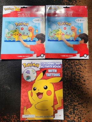 Pokemon Party Game 2 packs and coloring and activity book with tattoos  pikachu