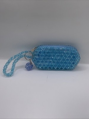 Blue Jelly Wristlet Floral Beaded Key Chain Zip Closure Small Wallet