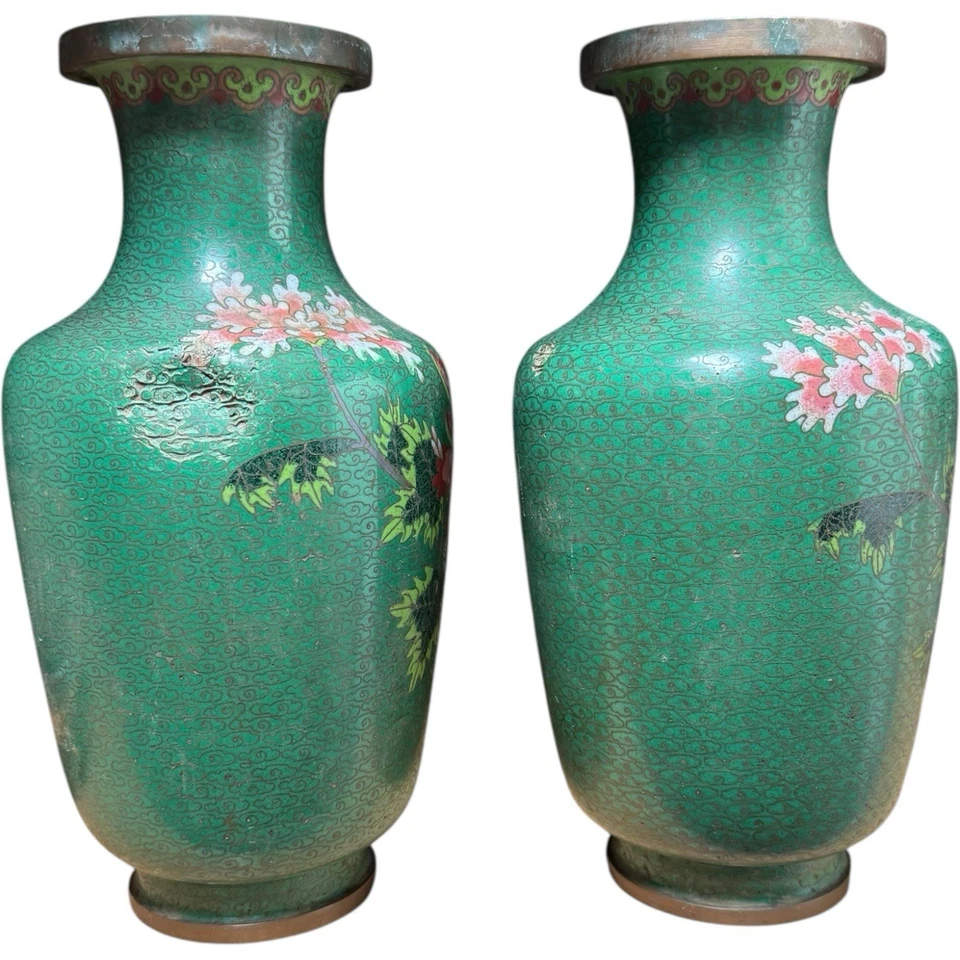 Par de jarrones cloisonné chinos antiguos vintage fondo verde chino 9" como se encuentran Foto 4 de 4