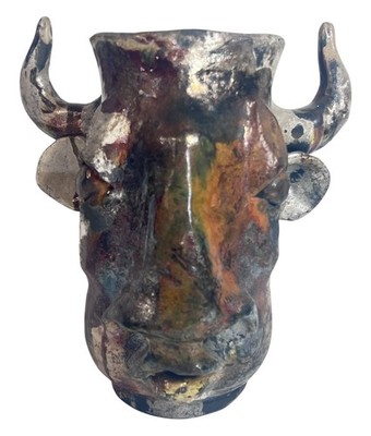 Vintage Studio Art Pottery Raku Vessel Abstract Horned Sculptural Vase Brutalist