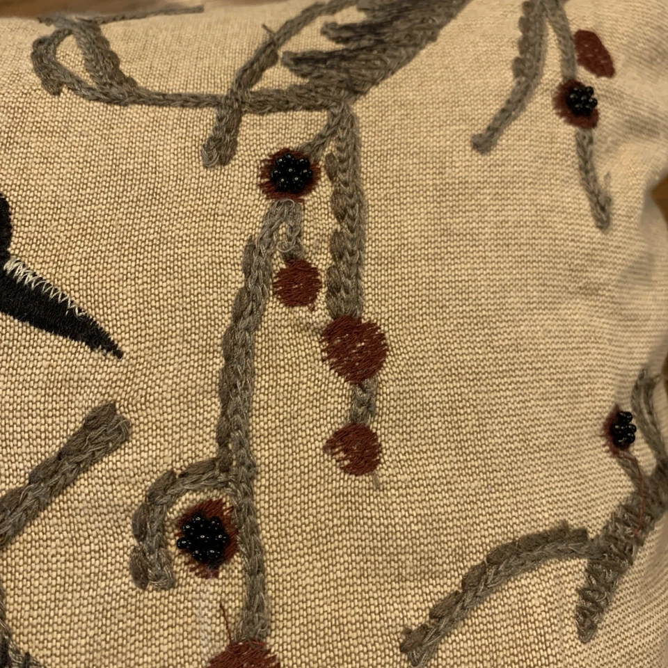 Pottery Barn Crewel Embroider Pillow & Feather Insert Crow Raven Fall Halloween - Image 4 of 4