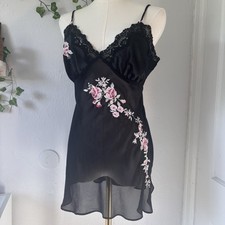 VTG Y2K 80s Slip Dress Small Black Floral Slip Embroidered Sheer Coquette Goth