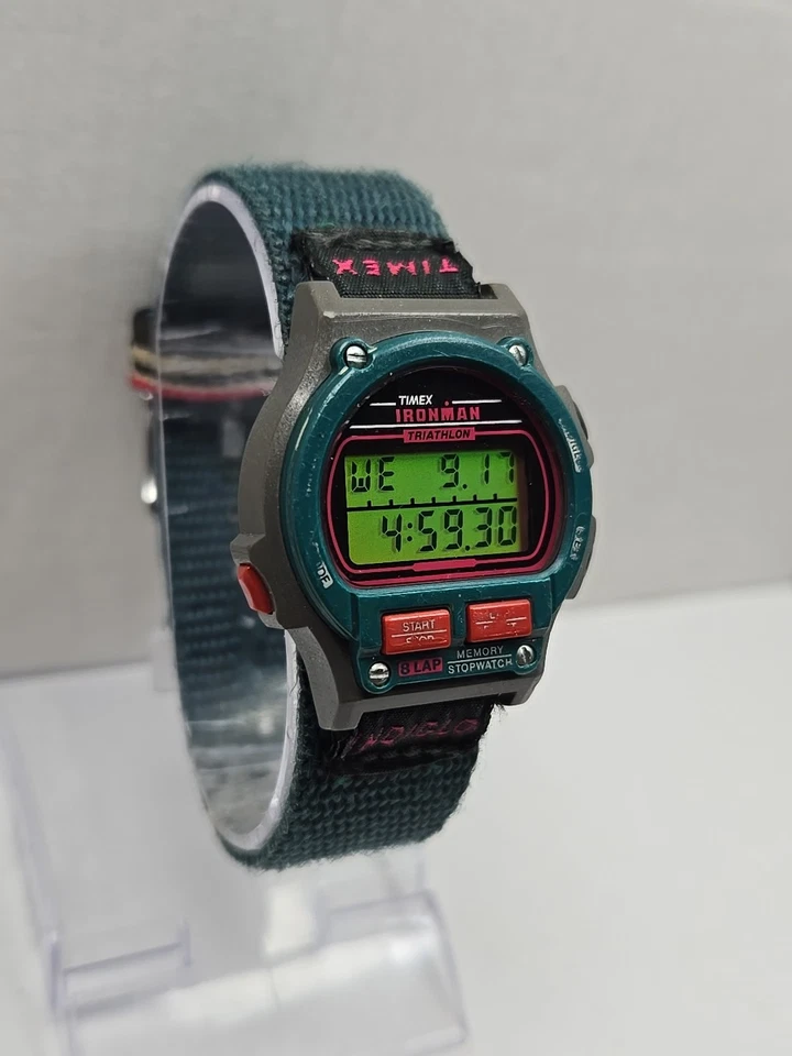 Timex Ironman Triathlon 8圈Indiglo数字手表蓝绿色复古1990年代新电池 — 第 3/4 张图片