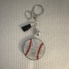 Baseball Charm Metal Keychain w/ Detachable Keyring Black Tassel, Silver/Red