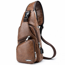 Chest Crossbody Bag Sling Backpack for Men with USB Charge Port Brown