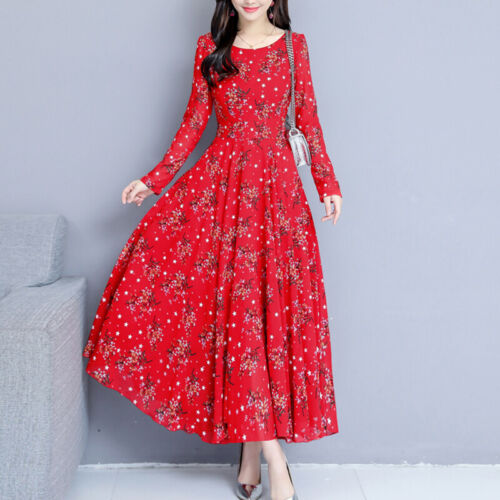 Women Dress A-Line Scoop Neck Floral Chiffon Long Sleeve Maxi Long Sundress Chic - Foto 7 di 9