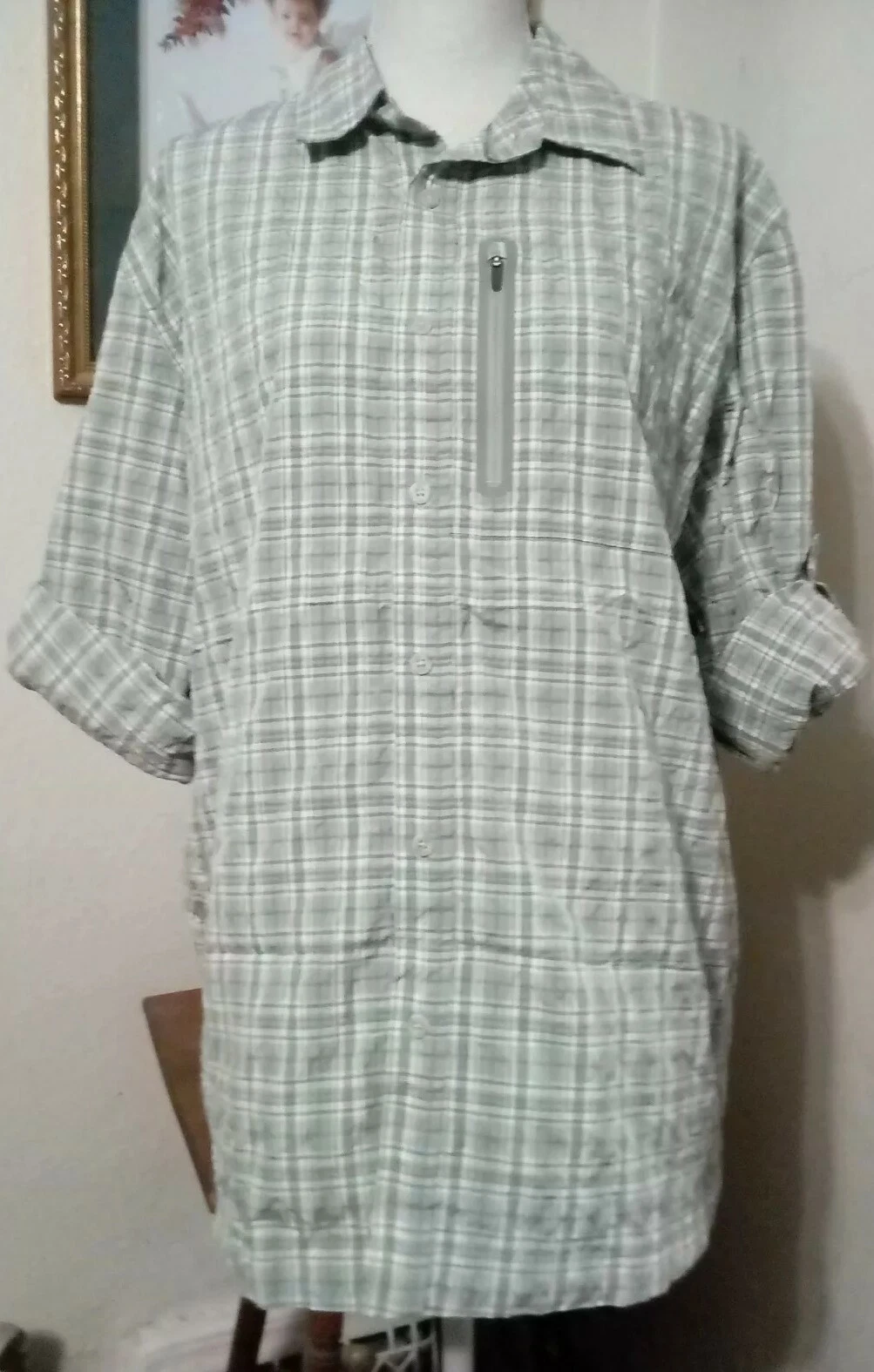 LL Bean Mens XL Fishing Shirt Green Plaid Vented Long Sleeves Roll Cuffs