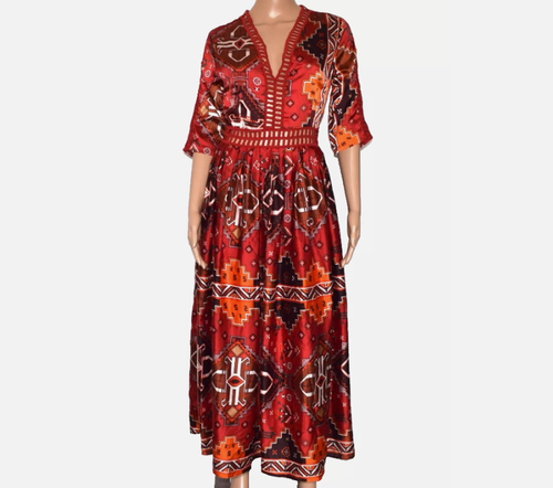 NWT DREAM Grace Red Multicolor Pleated 3/4 Sleeve Lined Crochet Maxi Dress Sz L - Picture 1 of 7
