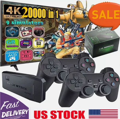 4K Retro Game Console Plug&Play 20000+ Video Game Stick+2x Wireless Controllers
