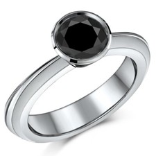 925 Silver 1.25Ct Lab Created Black Onyx Flush Set Wedding Ring Round Solitaire