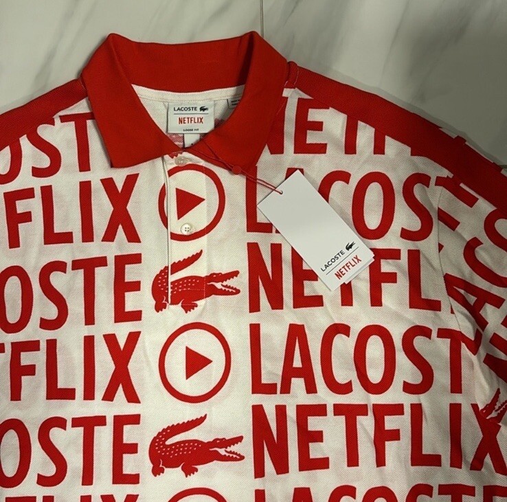 Lacoste x Netflix Men's Loose Fit All Over Polo T-Shirt Red White