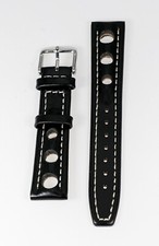 NEW 18MM Black Leather Watch Band with White Stitching and Drilled Holes 