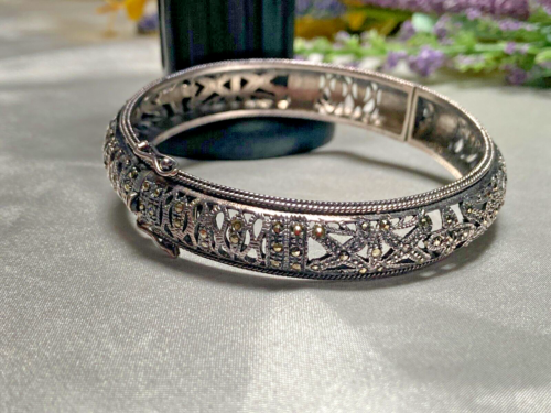 Exquisite Art Deco Filigree Sterling Silver Marcacite Bangle Hinged Bracelet Vtg - Picture 2 of 13