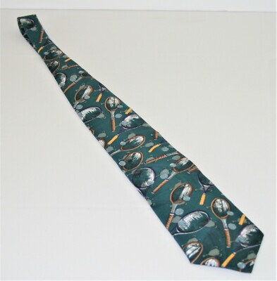 Vintage Les Centurions Tennis Neck Tie 100% Silk Green Racket Ball Trophy 
