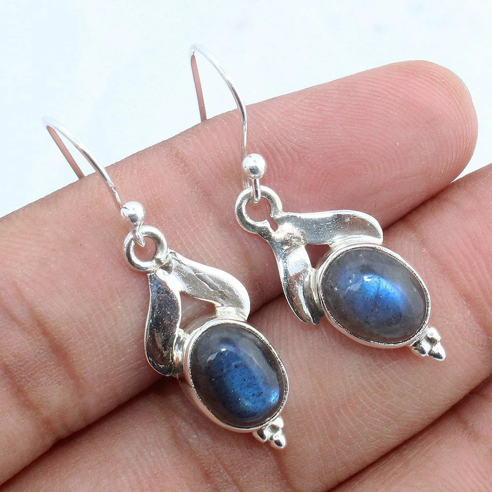 Solid 925 Sterling Silver Labradorite Gemstone Dangle Earrings Jewelry - Image 2 of 3