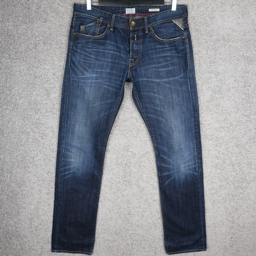 REPLAY MIJAG M904 DARK BLUE JEANS W34 L36 MEN'S BUTTON SLIM STRAIGHT DENIM IT - Picture 2 of 8