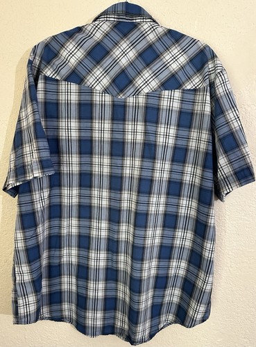Plains Shirt Mens XL Blue Plaid Pearl Snap Short Sleeve Western Wear Cowboy - Picture 2 of 6