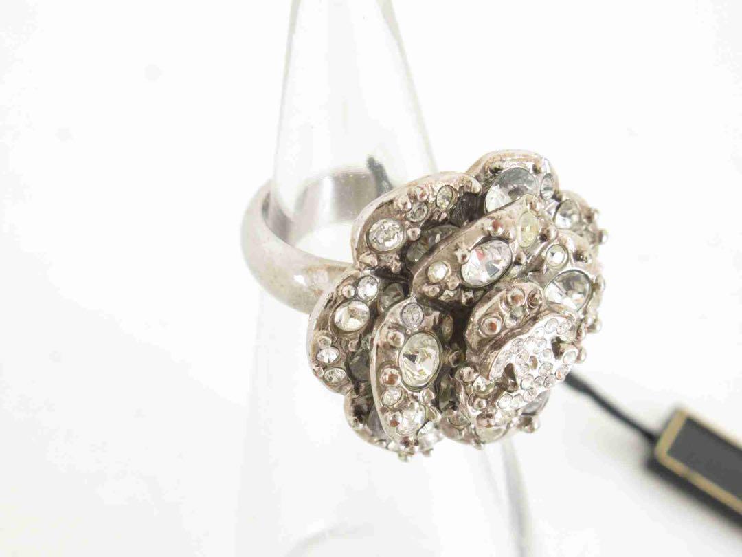 CHANEL Rhinestone CC Logo Camellia Flower Ring Silver Metal