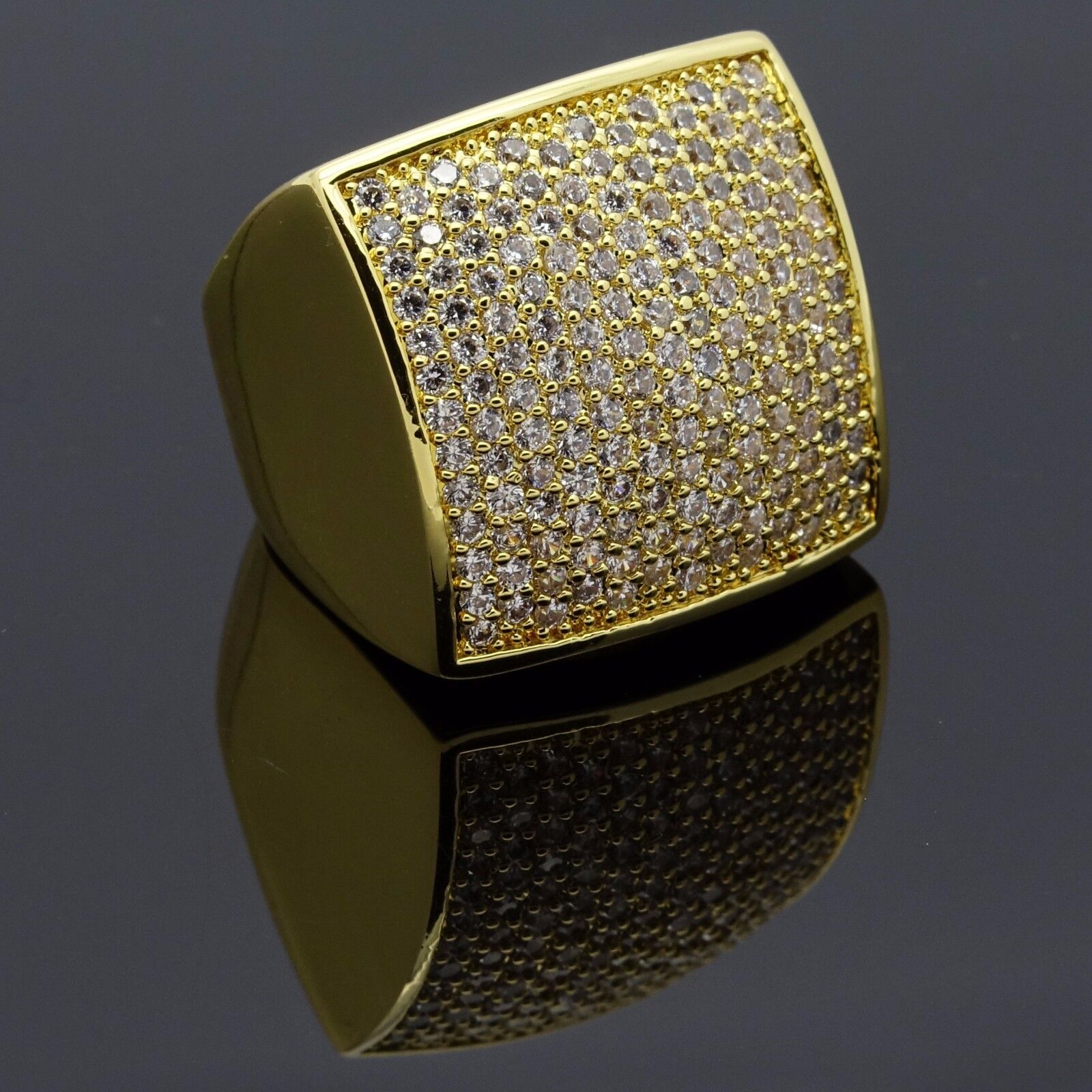 Huge 24MM Square Ring Gold Plated Micro Pave Cubic-Zirconia Men's Size 7-12