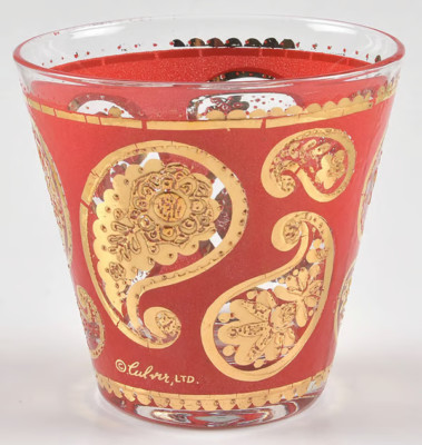 Vintage Mid-Century Culver Red Paisley 22 kt gold Old Fashioned Glasses