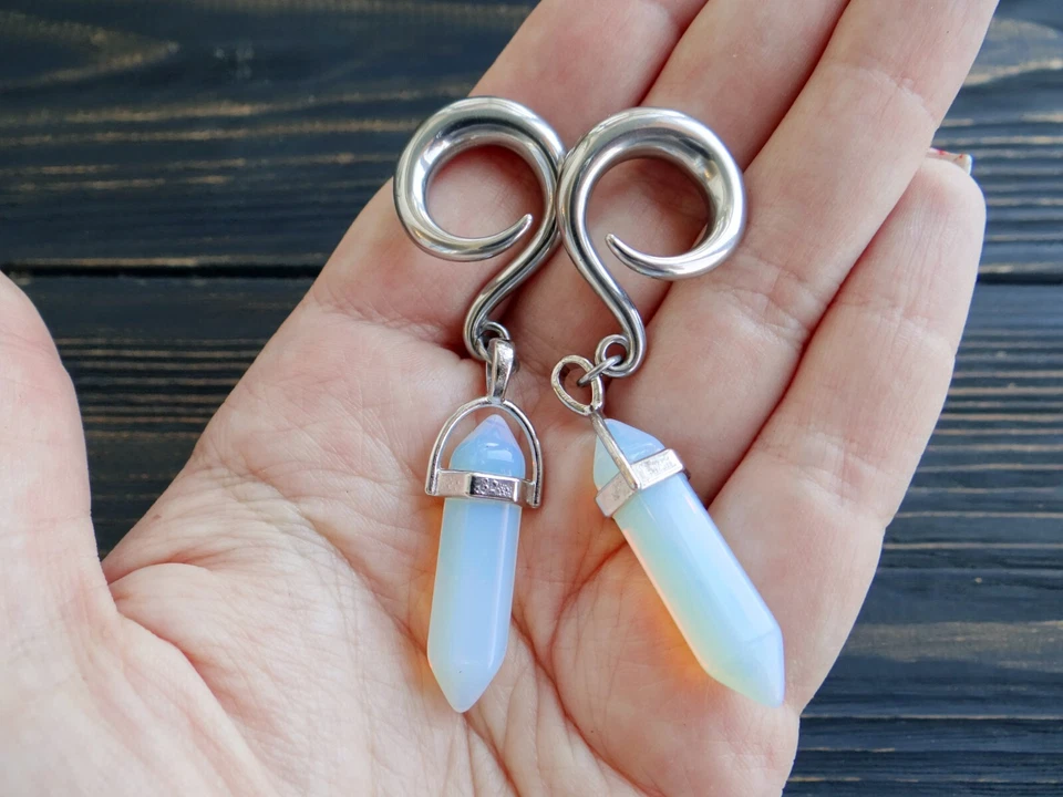 Opalita Colgador Oreja Pesos Medidores Pendientes Colgantes Tapones Túnel Blanco Piedra Par Foto 2 de 4