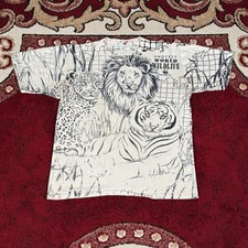 Vintage 80s-90s Artex Protect Wildlife Lion Tiger AOP T Shirt Size M Made In USA