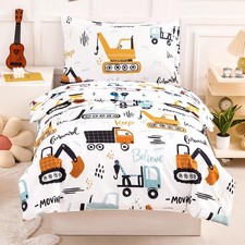4 Piece Boys Twin Bedding Sets Car Printed on White Comforter Set for Boys Re...