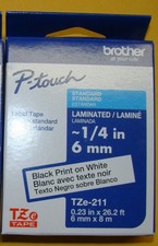 AUTHENTIQUE RUBAN D'ÉTIQUETTE BROTHER TZe-211 P-TOUCH 1/4" .23" x 26,2' 6 mm NOIR SUR BLANC