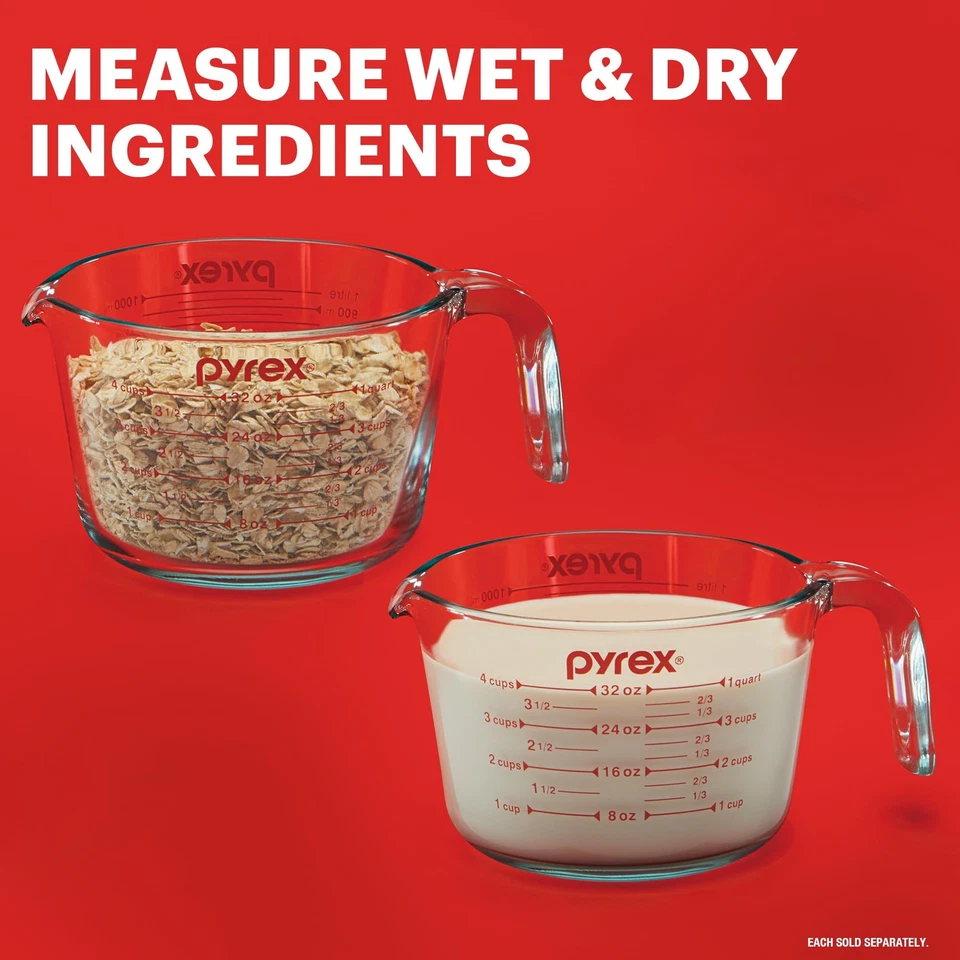 Juego de vasos medidores de vidrio Pyrex (3 piezas, apto para microondas y horno), transparente Foto 3 de 4